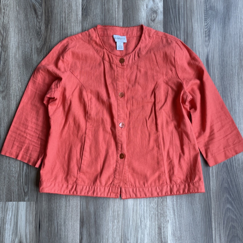 Peck and Peck‎ Casual Jacket Women Size M Linen Blend 3/4 Sleeve Orange